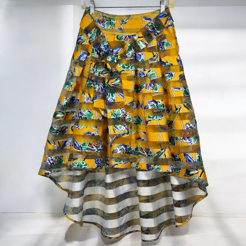 Banjul Bold Floral Print High Low Midi Skirt Sheer Overlay Woman‎ Small Pleated